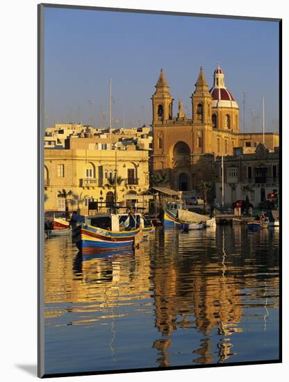 Harbour with Luzzu Fishing Boats and Marsaxlokk Parish Church at Sunrise, Marsaxlokk, Malta, Medite-Stuart Black-Mounted Photographic Print