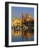 Harbour with Luzzu Fishing Boats and Marsaxlokk Parish Church at Sunrise, Marsaxlokk, Malta, Medite-Stuart Black-Framed Photographic Print