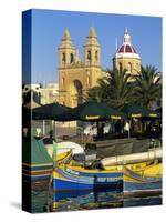 Harbour with Luzzu Fishing Boats and Marsaxlokk Parish Church, Marsaxlokk, Malta, Mediterranean, Eu-Stuart Black-Stretched Canvas