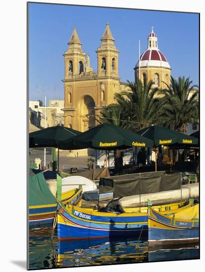 Harbour with Luzzu Fishing Boats and Marsaxlokk Parish Church, Marsaxlokk, Malta, Mediterranean, Eu-Stuart Black-Mounted Photographic Print