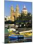 Harbour with Luzzu Fishing Boats and Marsaxlokk Parish Church, Marsaxlokk, Malta, Mediterranean, Eu-Stuart Black-Mounted Photographic Print