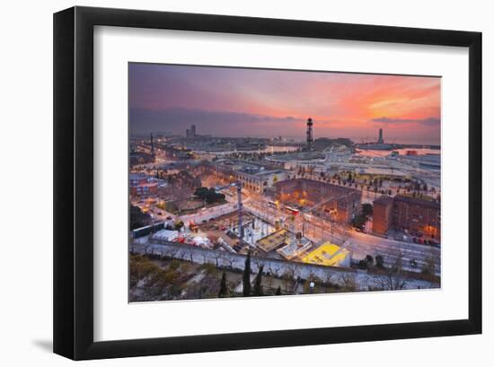 Harbour with Torre Jaume I in Barcelona, Catalonia, Spain-null-Framed Art Print