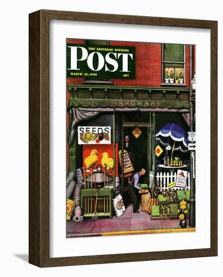 "Hardware Store at Springtime," Saturday Evening Post Cover, March 16, 1946-Stevan Dohanos-Framed Giclee Print