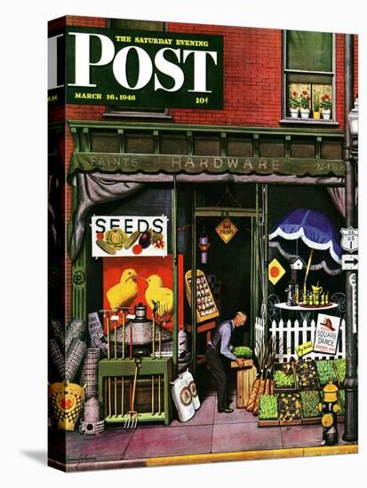 "Hardware Store at Springtime," Saturday Evening Post Cover, March 16, 1946-Stevan Dohanos-Stretched Canvas
