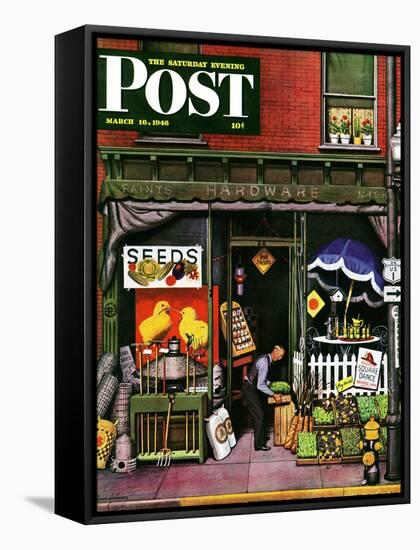 "Hardware Store at Springtime," Saturday Evening Post Cover, March 16, 1946-Stevan Dohanos-Framed Stretched Canvas