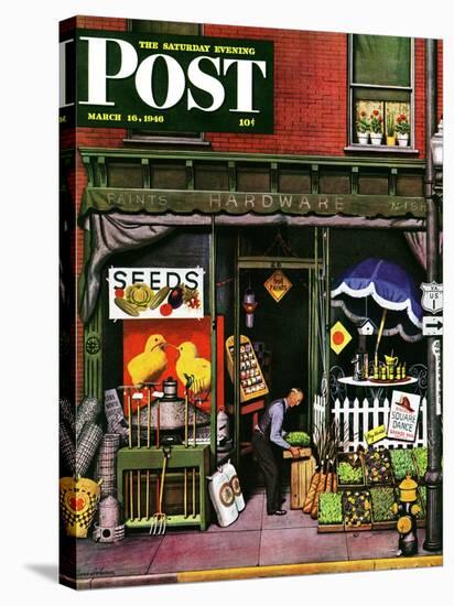 "Hardware Store at Springtime," Saturday Evening Post Cover, March 16, 1946-Stevan Dohanos-Stretched Canvas