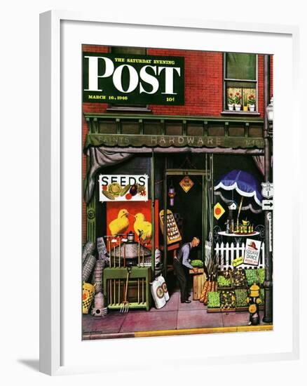 "Hardware Store at Springtime," Saturday Evening Post Cover, March 16, 1946-Stevan Dohanos-Framed Giclee Print