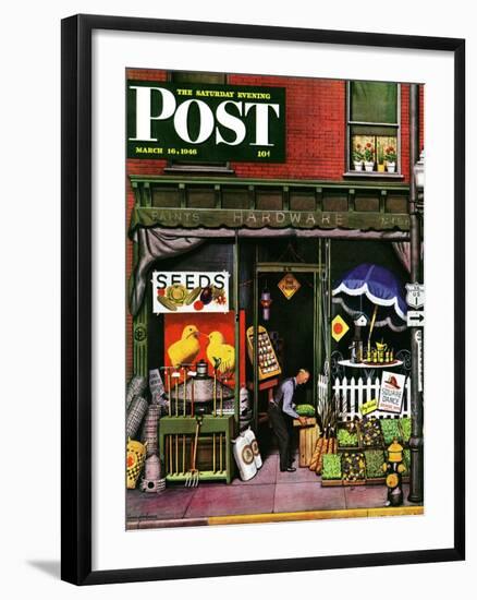 "Hardware Store at Springtime," Saturday Evening Post Cover, March 16, 1946-Stevan Dohanos-Framed Giclee Print