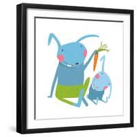 Hare and Leveret Eating Carrot . Animal Parent Bunny with Kid, Vegetarian Vegetable Eating, Vector-Popmarleo-Framed Art Print