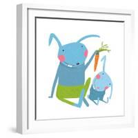 Hare and Leveret Eating Carrot . Animal Parent Bunny with Kid, Vegetarian Vegetable Eating, Vector-Popmarleo-Framed Art Print