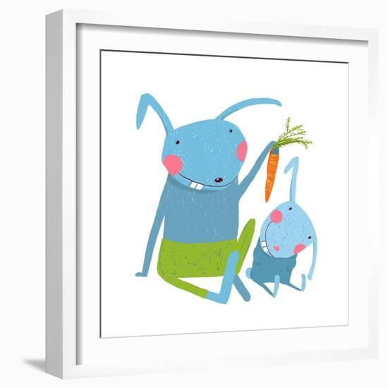 Hare and Leveret Eating Carrot . Animal Parent Bunny with Kid, Vegetarian Vegetable Eating, Vector-Popmarleo-Framed Art Print