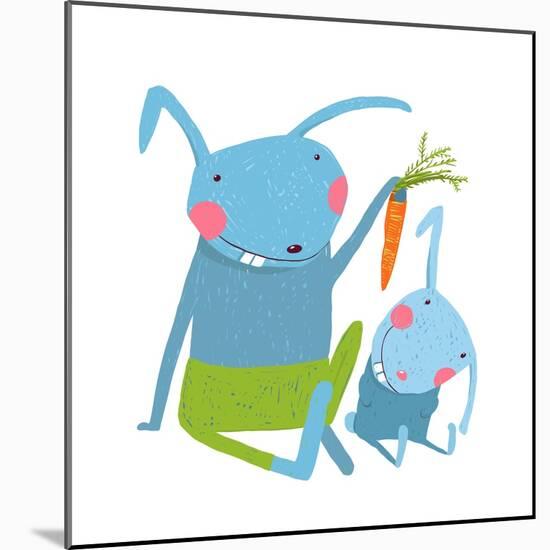 Hare and Leveret Eating Carrot . Animal Parent Bunny with Kid, Vegetarian Vegetable Eating, Vector-Popmarleo-Mounted Art Print