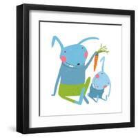 Hare and Leveret Eating Carrot . Animal Parent Bunny with Kid, Vegetarian Vegetable Eating, Vector-Popmarleo-Framed Art Print