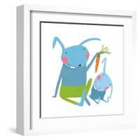 Hare and Leveret Eating Carrot . Animal Parent Bunny with Kid, Vegetarian Vegetable Eating, Vector-Popmarleo-Framed Art Print