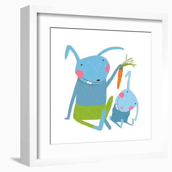 Hare and Leveret Eating Carrot . Animal Parent Bunny with Kid, Vegetarian Vegetable Eating, Vector-Popmarleo-Framed Art Print