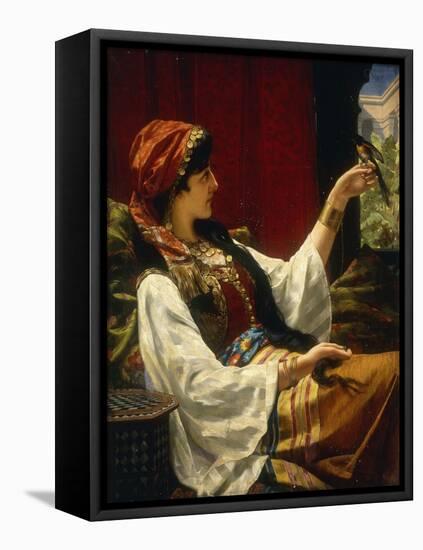 Harem Beauty holding a Bird-Jan Portielje-Framed Stretched Canvas