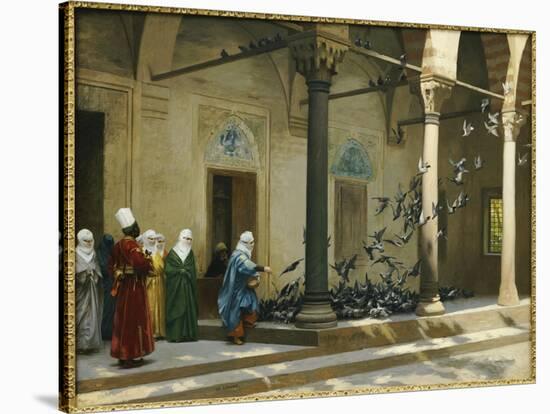 Harem Women Feeding Pigeons in a Courtyard-Jean Leon Gerome-Stretched Canvas