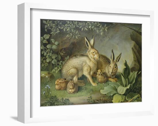 Hares and Leverets in a Rocky Lair-Johann Wenzel Peter-Framed Giclee Print
