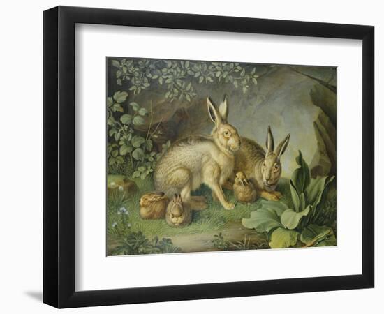 Hares and Leverets in a Rocky Lair-Johann Wenzel Peter-Framed Premium Giclee Print