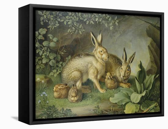 Hares and Leverets in a Rocky Lair-Johann Wenzel Peter-Framed Stretched Canvas