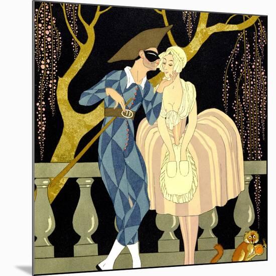 Harlequin's Kiss (W/C on Paper)-Georges Barbier-Mounted Giclee Print
