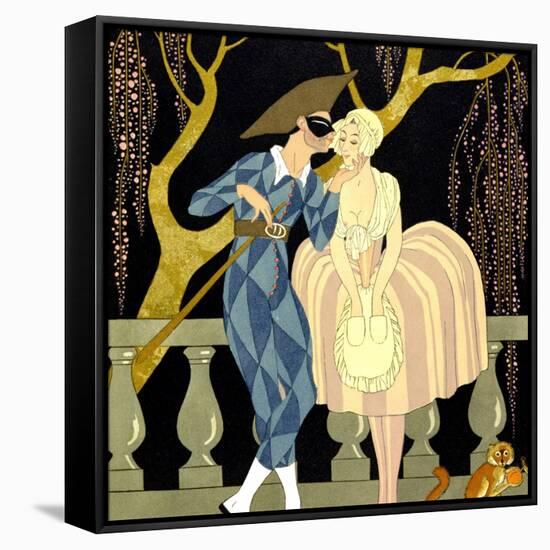 Harlequin's Kiss (W/C on Paper)-Georges Barbier-Framed Stretched Canvas