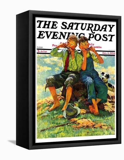 "Harmonica Players," Saturday Evening Post Cover, October 6, 1934-Eugene Iverd-Framed Stretched Canvas