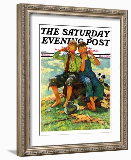 "Harmonica Players," Saturday Evening Post Cover, October 6, 1934-Eugene Iverd-Framed Giclee Print