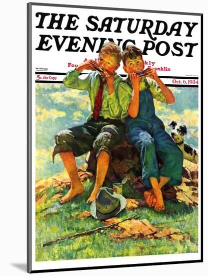 "Harmonica Players," Saturday Evening Post Cover, October 6, 1934-Eugene Iverd-Mounted Giclee Print