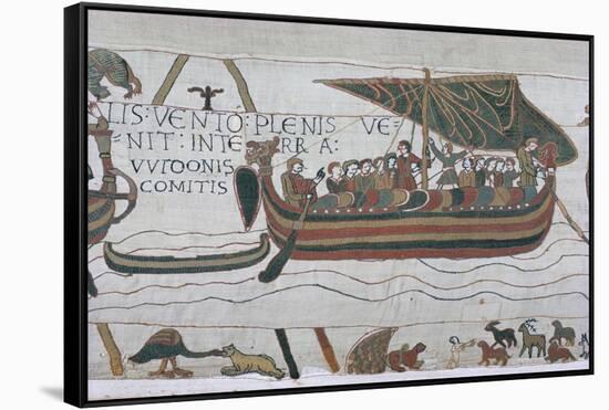 Harold Steers Ship Across Channel, a Scene from the Bayeux Tapestry, Bayeux, Normandy, France-Walter Rawlings-Framed Stretched Canvas