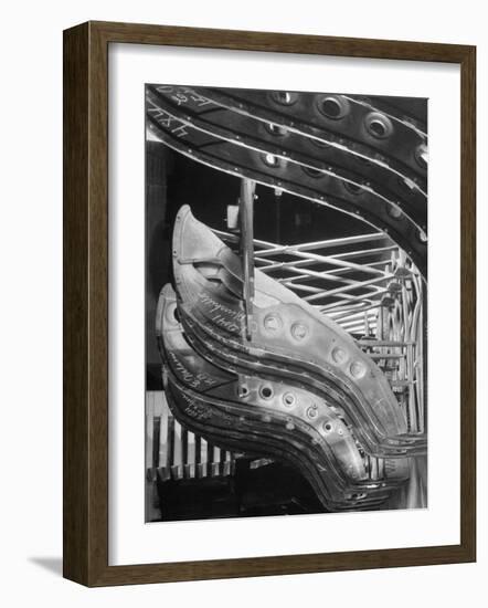 Harp-Shaped Steel String Frames in Racks Waiting to be Installed at the Steinway Piano Factory-Margaret Bourke-White-Framed Photographic Print