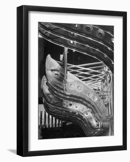 Harp-Shaped Steel String Frames in Racks Waiting to be Installed at the Steinway Piano Factory-Margaret Bourke-White-Framed Photographic Print