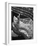 Harp-Shaped Steel String Frames in Racks Waiting to be Installed at the Steinway Piano Factory-Margaret Bourke-White-Framed Photographic Print