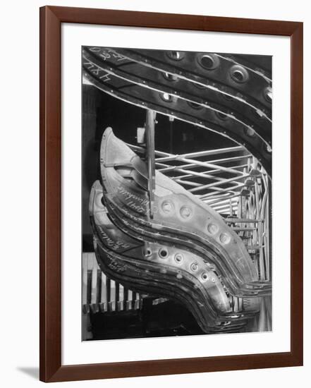 Harp-Shaped Steel String Frames in Racks Waiting to be Installed at the Steinway Piano Factory-Margaret Bourke-White-Framed Photographic Print