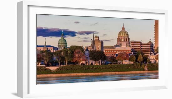 HARRISBURG, PENNSYLVANIA, City skyline and State Capitol shot at dusk from Susquehanna River-null-Framed Photographic Print