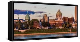 HARRISBURG, PENNSYLVANIA, City skyline and State Capitol shot at dusk from Susquehanna River-null-Framed Stretched Canvas