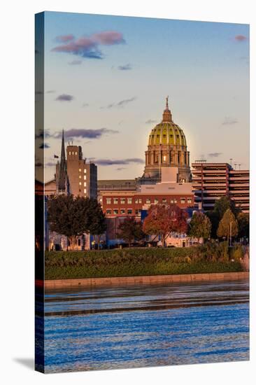 HARRISBURG, PENNSYLVANIA, City skyline and State Capitol shot at dusk from Susquehanna River-null-Stretched Canvas