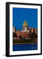 HARRISBURG, PENNSYLVANIA, City skyline and State Capitol shot at dusk from Susquehanna River-null-Framed Photographic Print