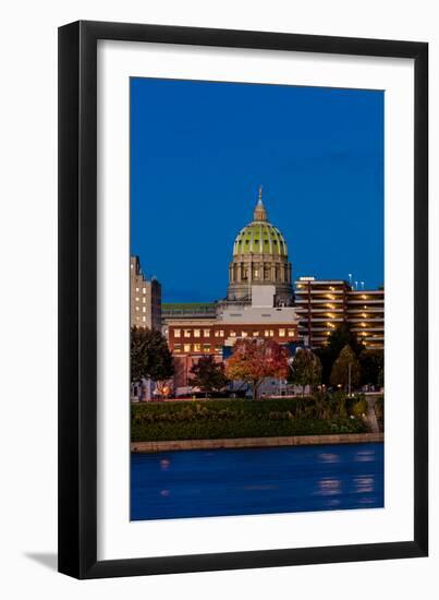 HARRISBURG, PENNSYLVANIA, City skyline and State Capitol shot at dusk from Susquehanna River-null-Framed Photographic Print