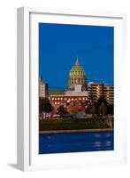 HARRISBURG, PENNSYLVANIA, City skyline and State Capitol shot at dusk from Susquehanna River-null-Framed Photographic Print