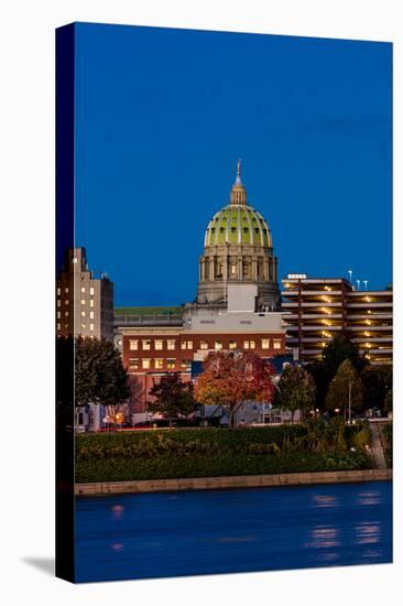 HARRISBURG, PENNSYLVANIA, City skyline and State Capitol shot at dusk from Susquehanna River-null-Stretched Canvas