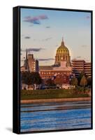 HARRISBURG, PENNSYLVANIA, City skyline and State Capitol shot at dusk from Susquehanna River-null-Framed Stretched Canvas