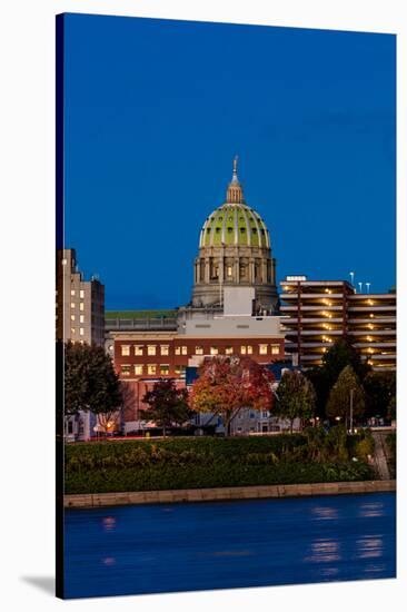 HARRISBURG, PENNSYLVANIA, City skyline and State Capitol shot at dusk from Susquehanna River-null-Stretched Canvas