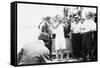 Harry Houdini being handcuffed before being nailed into a crate and lowered into New York Bay, 1912-George Grantham Bain-Framed Stretched Canvas