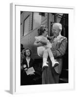 Harry Truman Holding up 3 Yr Old Suzanne Bump after the Town's Postmaster Pressed Her into Service-Hank Walker-Framed Photographic Print