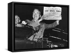 Harry Truman Jubilantly Displaying Erroneous Chicago Daily Tribune Headline "Dewey Defeats Truman"-W^ Eugene Smith-Framed Stretched Canvas