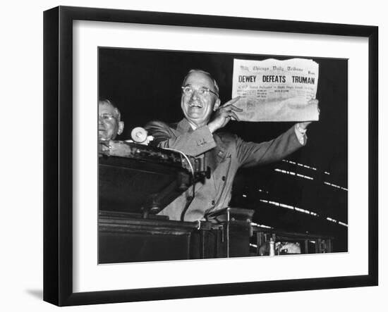 Harry Truman Jubilantly Displaying Erroneous Chicago Daily Tribune Headline "Dewey Defeats Truman"-W^ Eugene Smith-Framed Photographic Print