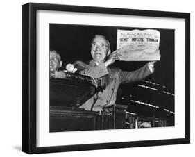 Harry Truman Jubilantly Displaying Erroneous Chicago Daily Tribune Headline "Dewey Defeats Truman"-W^ Eugene Smith-Framed Photographic Print