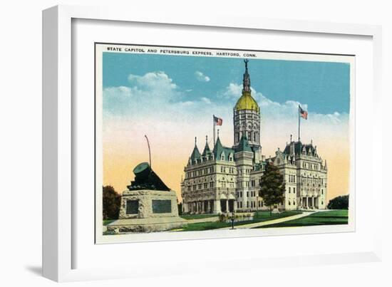 Hartford, Connecticut - Capitol Building and Petersburg Express Train Monument-Lantern Press-Framed Art Print