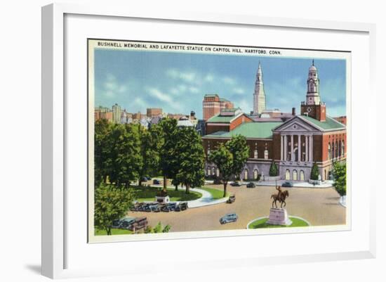 Hartford, Connecticut - Capitol Hill View of Bushnell Memorial, Lafayette Statue-Lantern Press-Framed Art Print